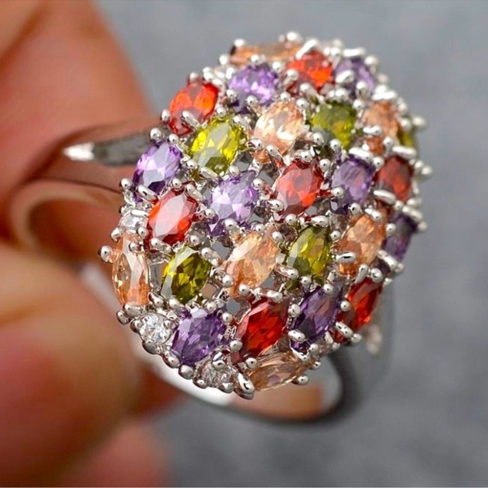 Multicolor Gemstone Cocktail Ring | Silver Tone Rainbow Statement Ring